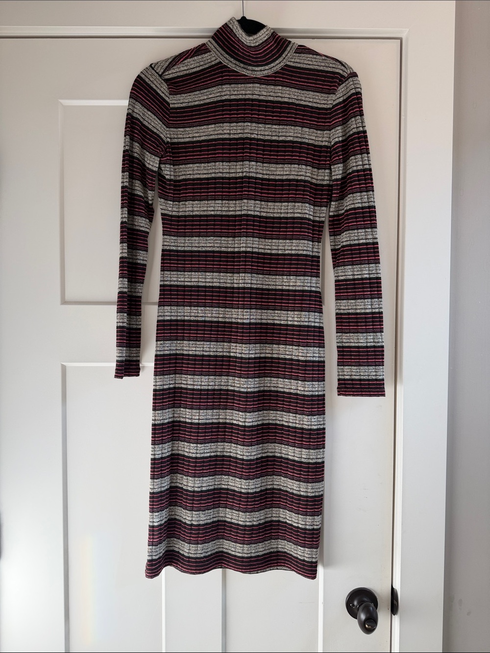 Chelsea & Violet XS Striped Turtleneck Rib-Knit Midi Dress - Burgundy/Gray